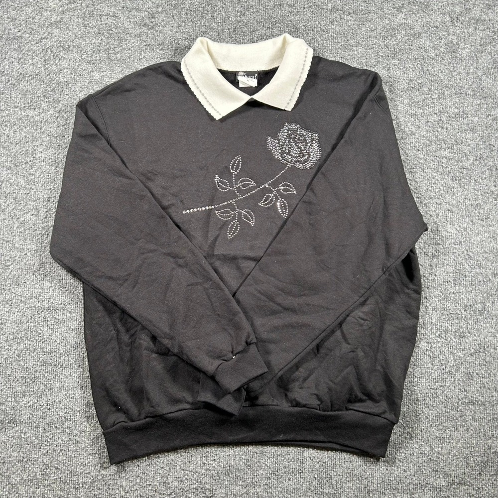 Sunburst Sweatshirt Womens XL Black Rhinestone Rose Contrast Collar Pullover